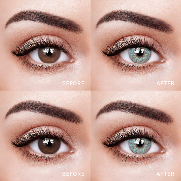 The before and after comparison of wearing Rhone Blue Contact Lenses.